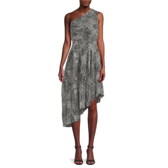 BCBGMAXAZRIA Feather Print Asymmetric Dress Black Size 2 0674 - Picture 1 of 3